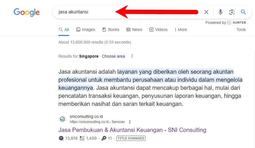 Contoh hasil Jasa optimasi seo website profesional yang masuk rank 1 search engine google
